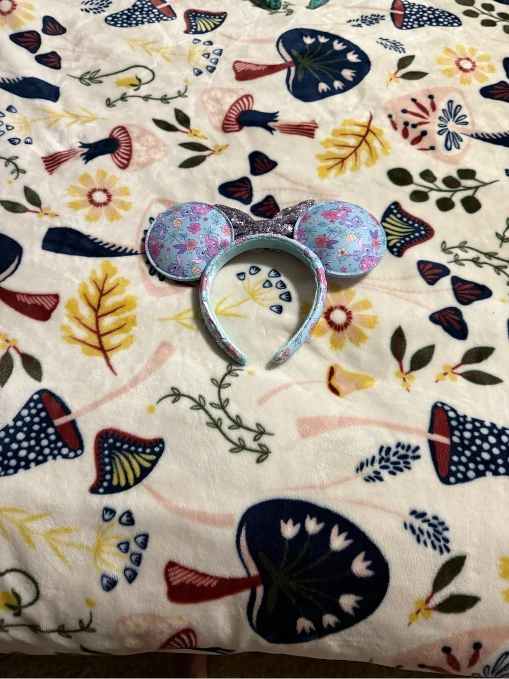 Disney OS Stich Minnie Ear Headband - Light Blue Floral with Purple Sequin Bow